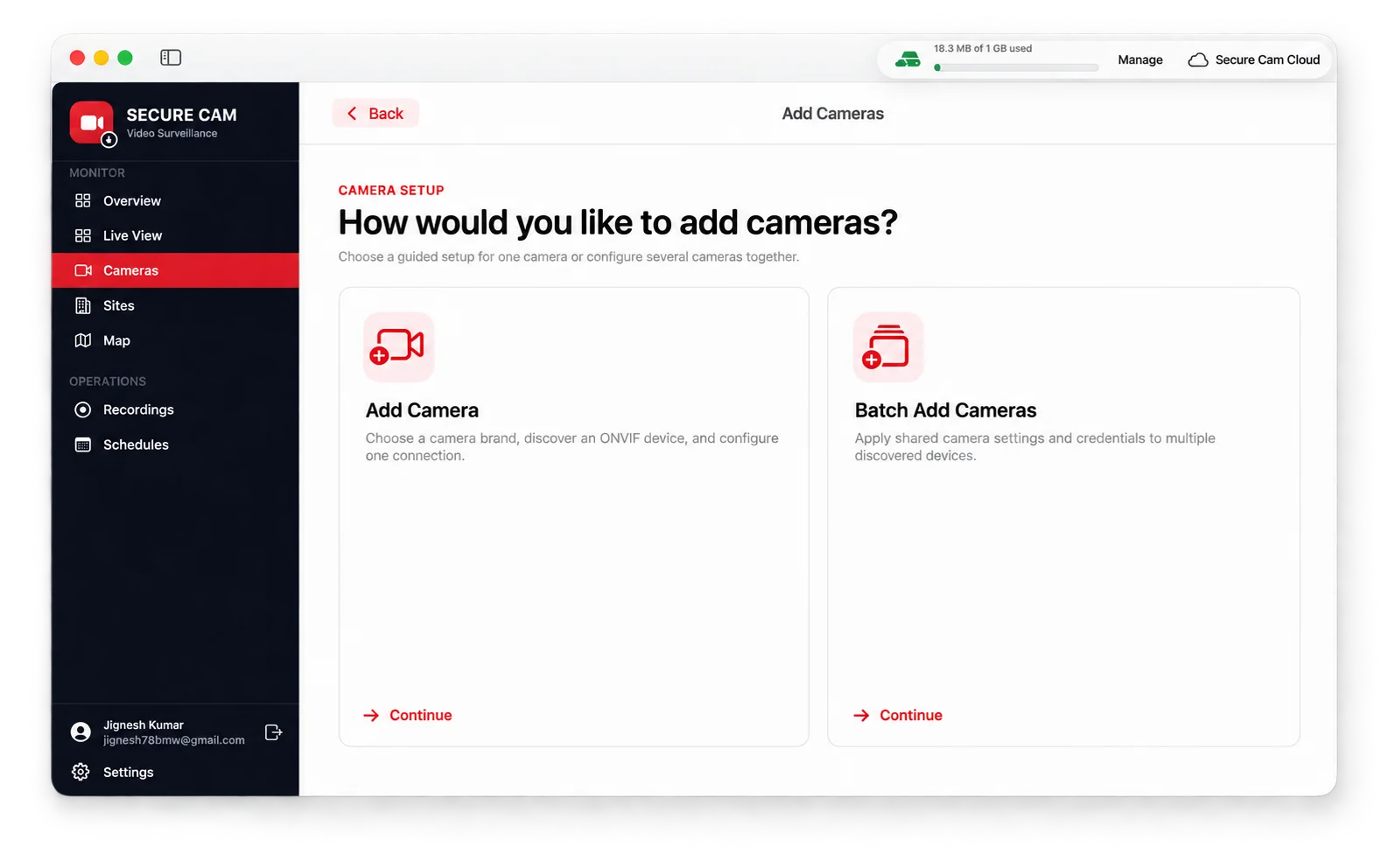 Secure Cam single camera and batch camera setup options