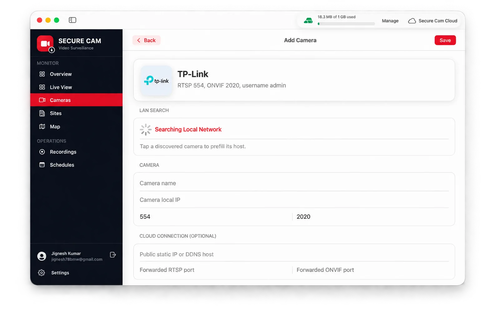 Secure Cam ONVIF local network search and camera connection form