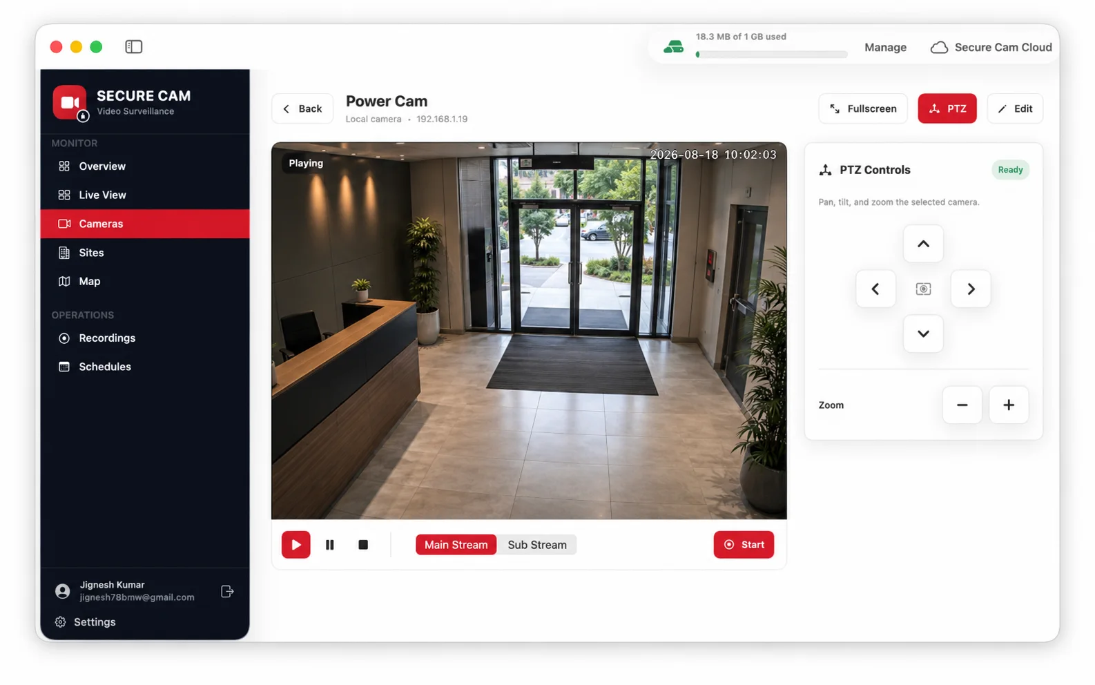Secure Cam camera detail with live video and PTZ controls