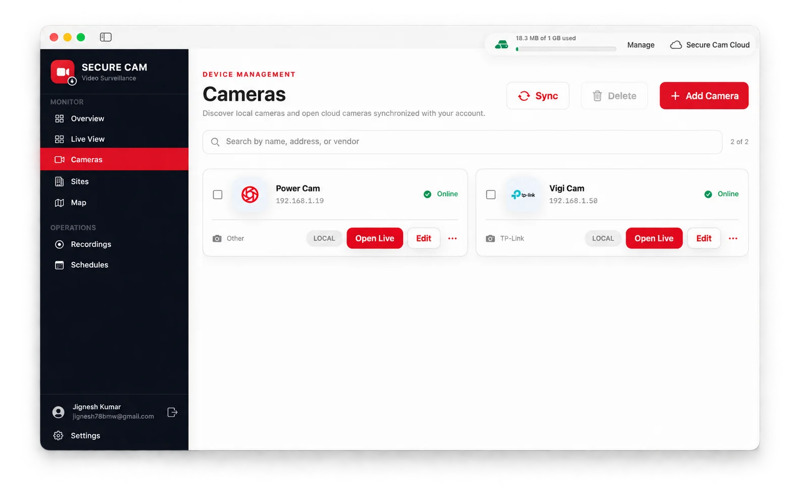 Secure Cam camera management screen