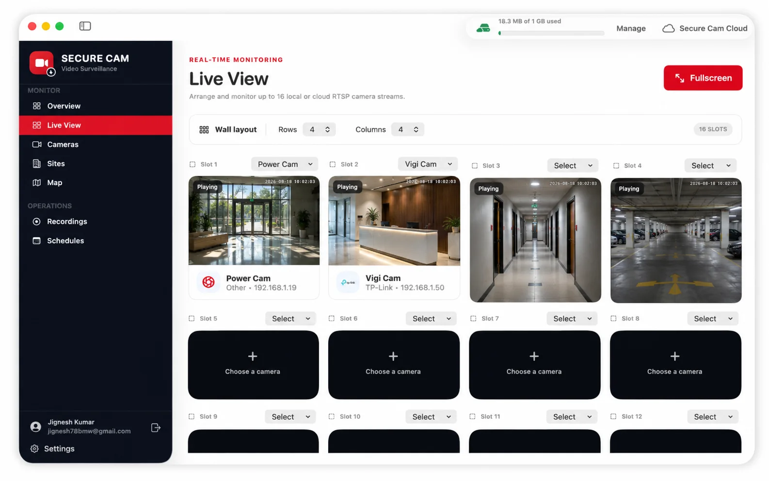 Secure Cam live wall with several IP camera streams