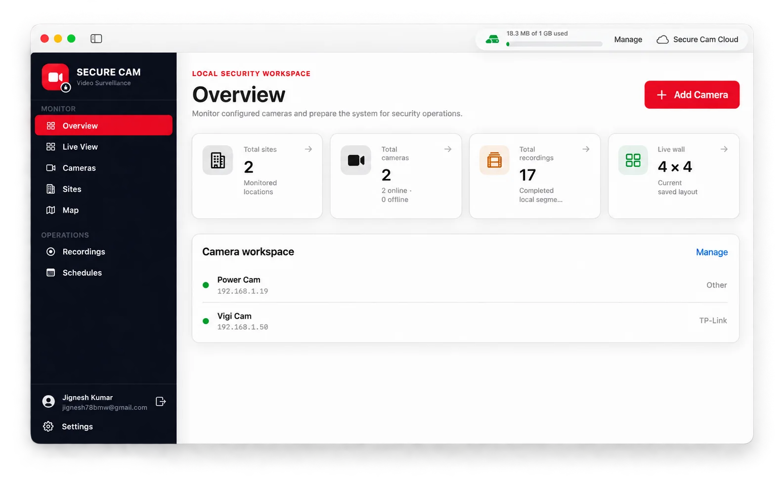 Secure Cam macOS overview showing sites, cameras, recordings, and live wall status