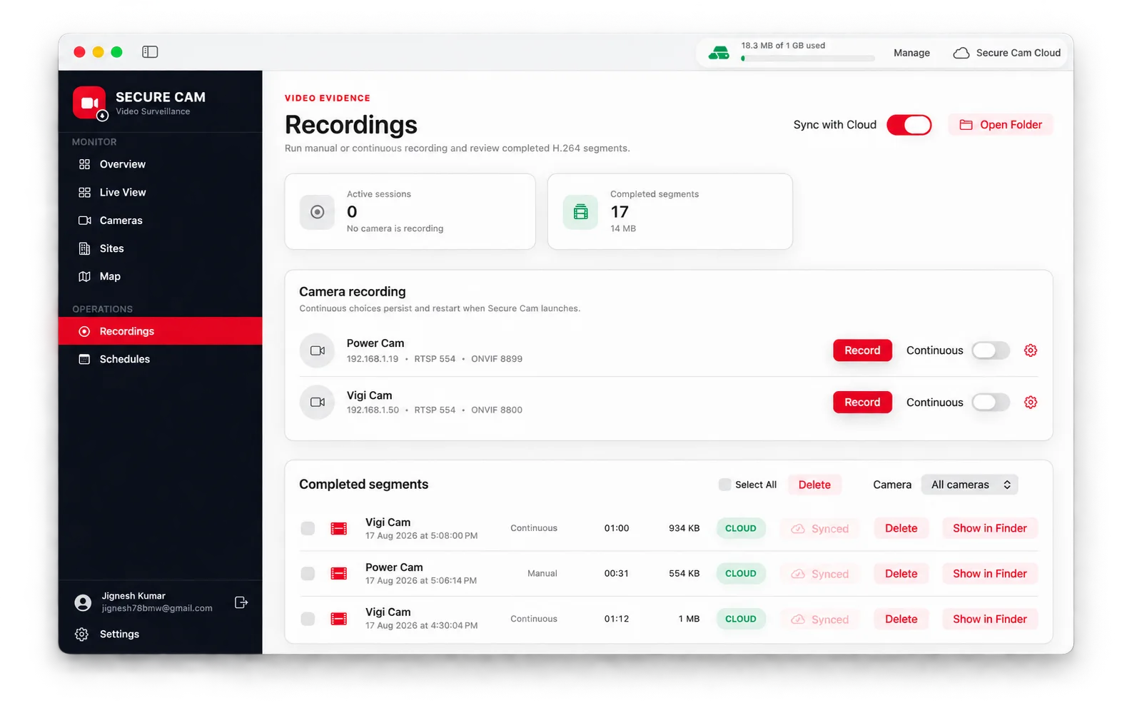 Secure Cam recording controls and completed video segments