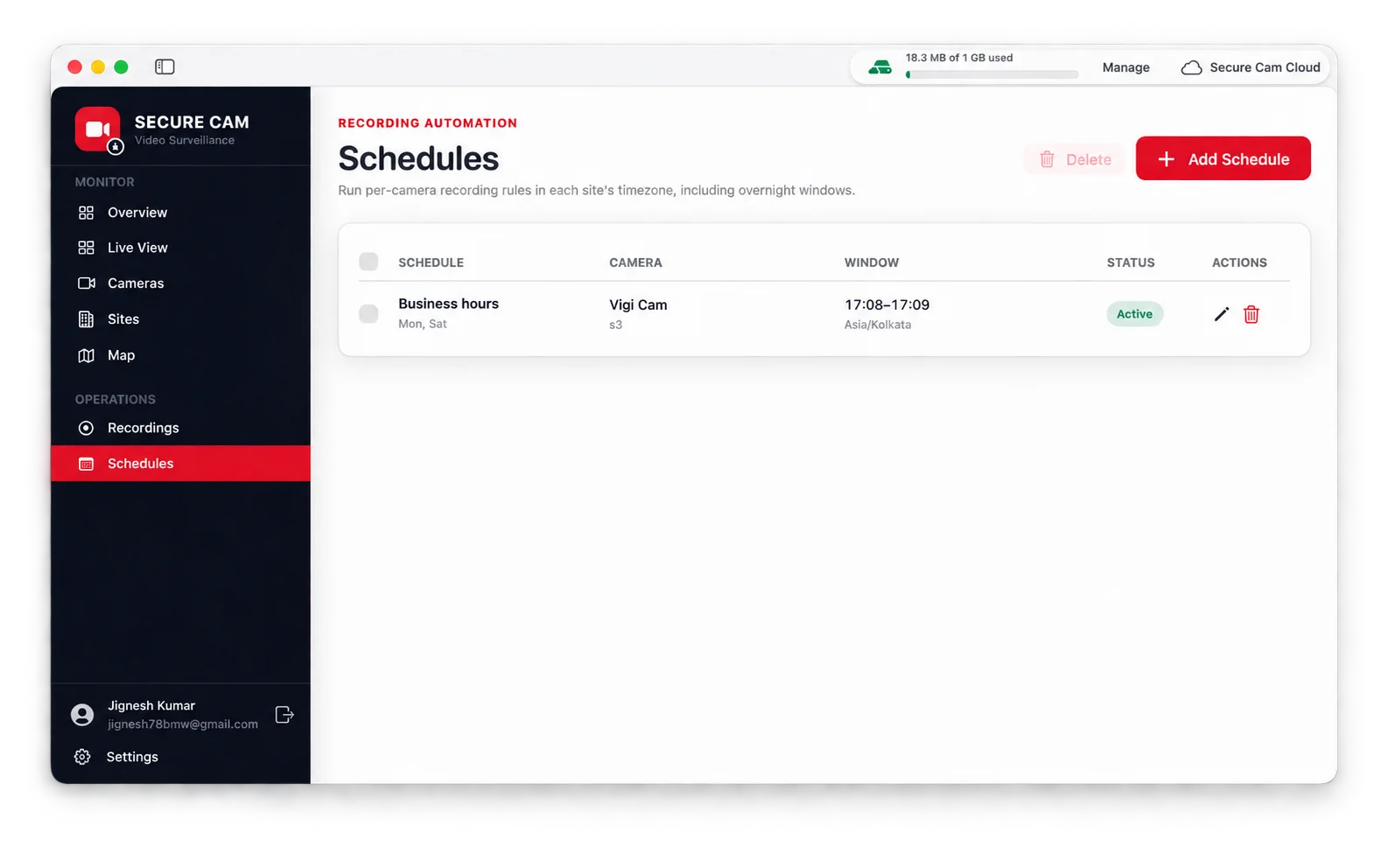 Secure Cam recording schedules list