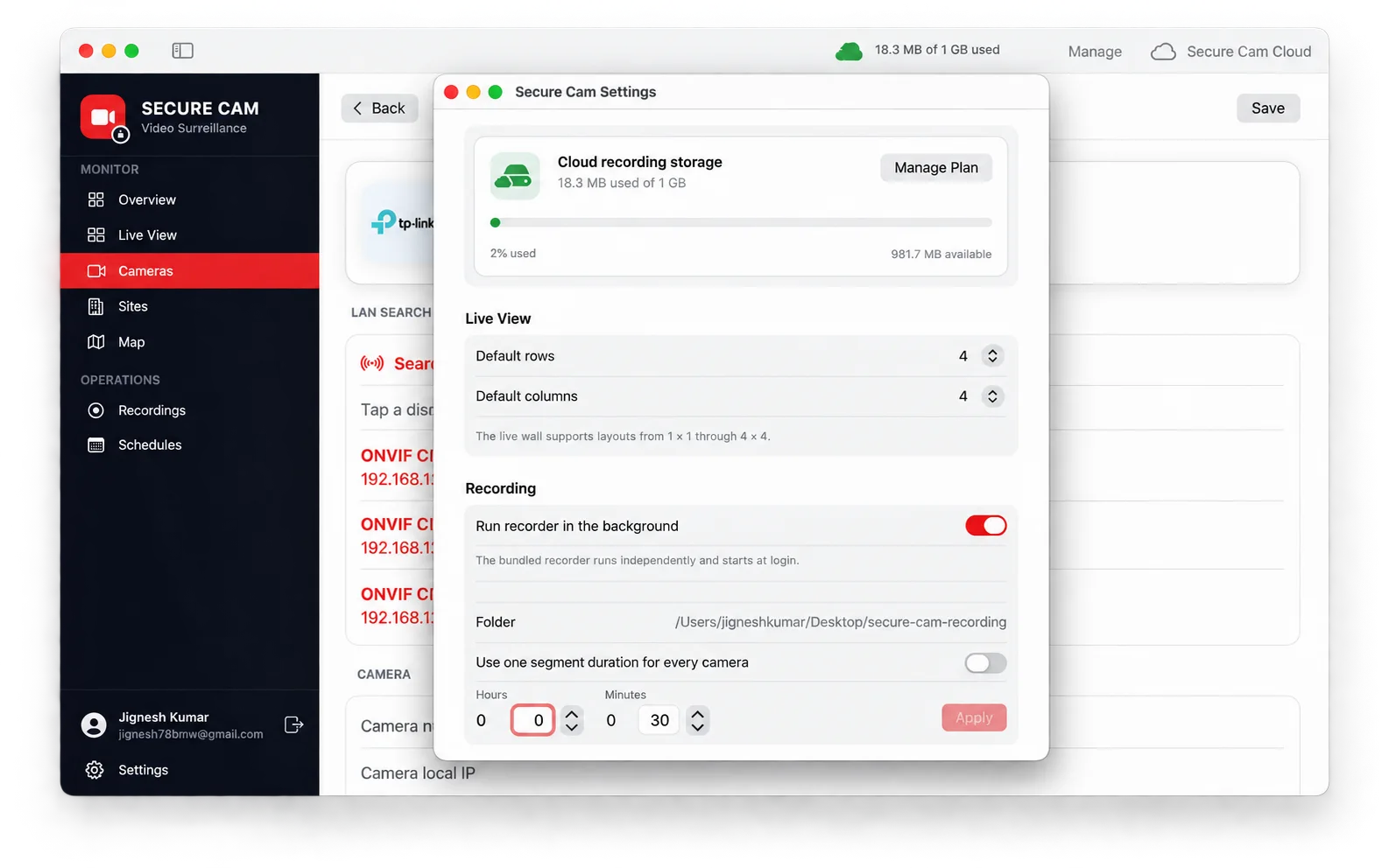 Secure Cam settings for cloud storage, live wall, and background recording