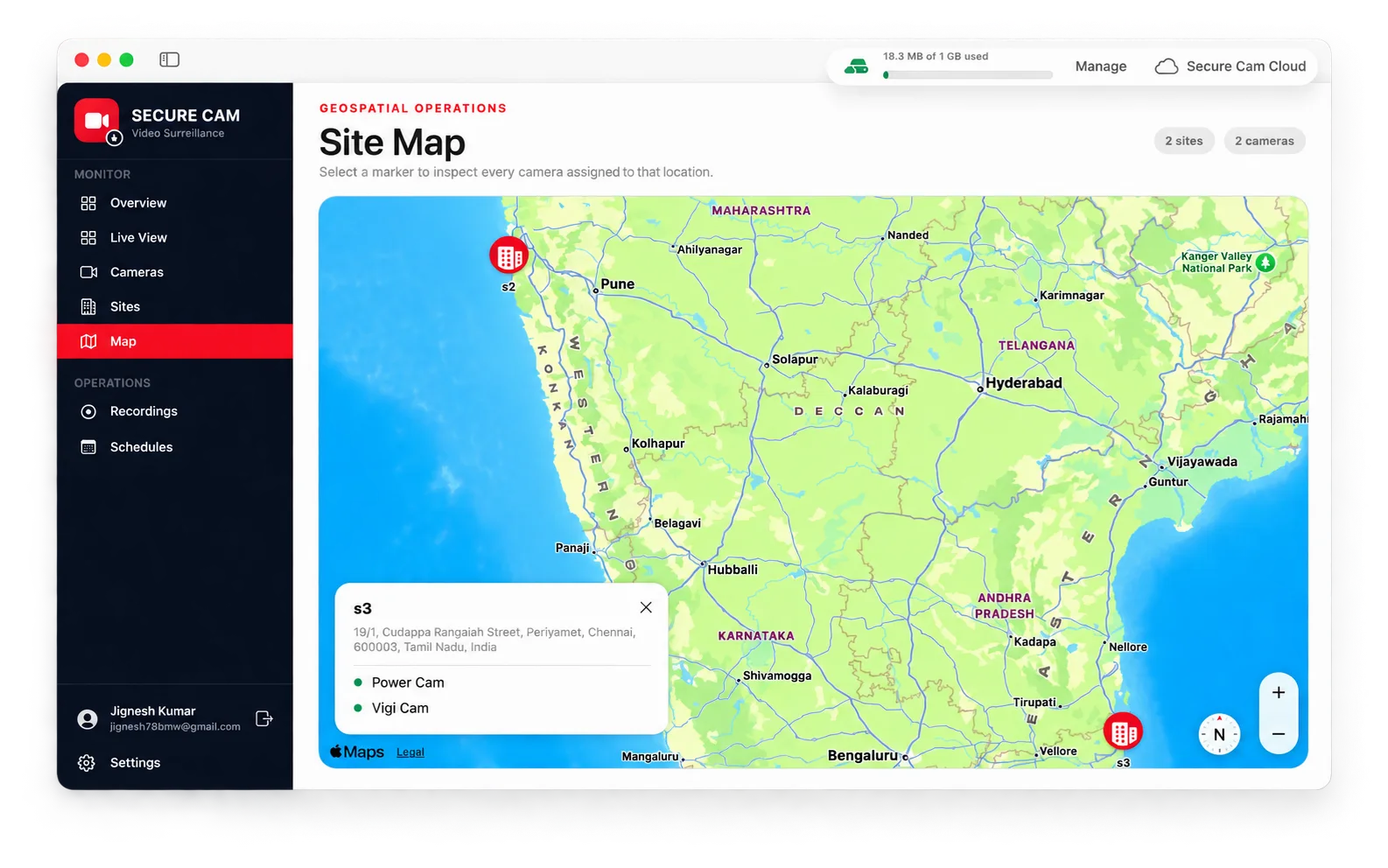 Secure Cam map with site markers and assigned camera details
